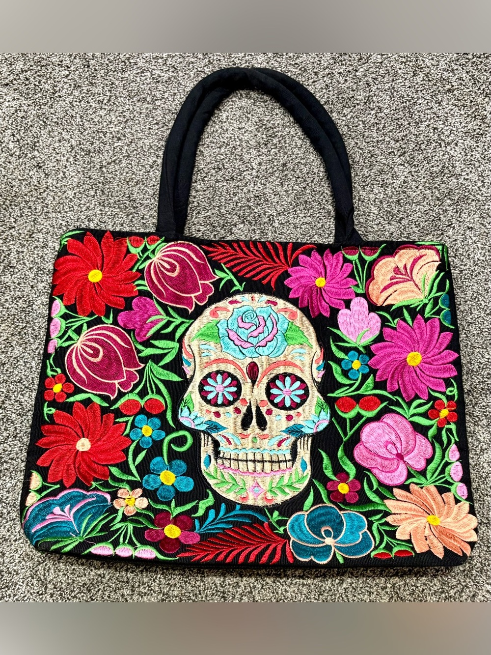Embroidered Sugar Skull Floral Tote Bag Day of the Dead Black Flowers Zip Top